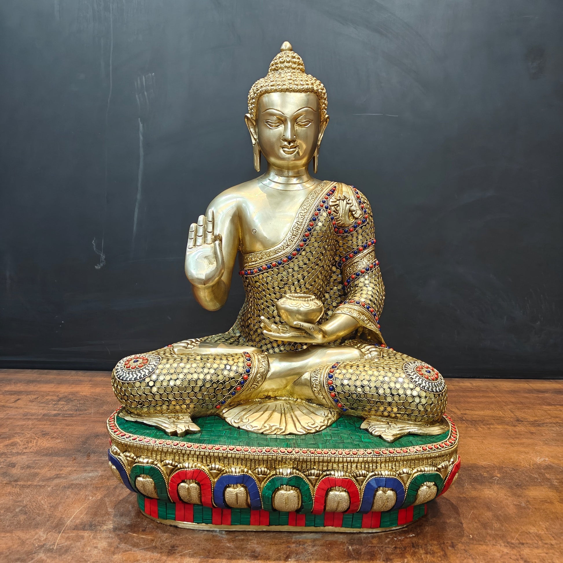 Brass Blessing Buddha Statue With Stone Work 2 Feet - Image 3