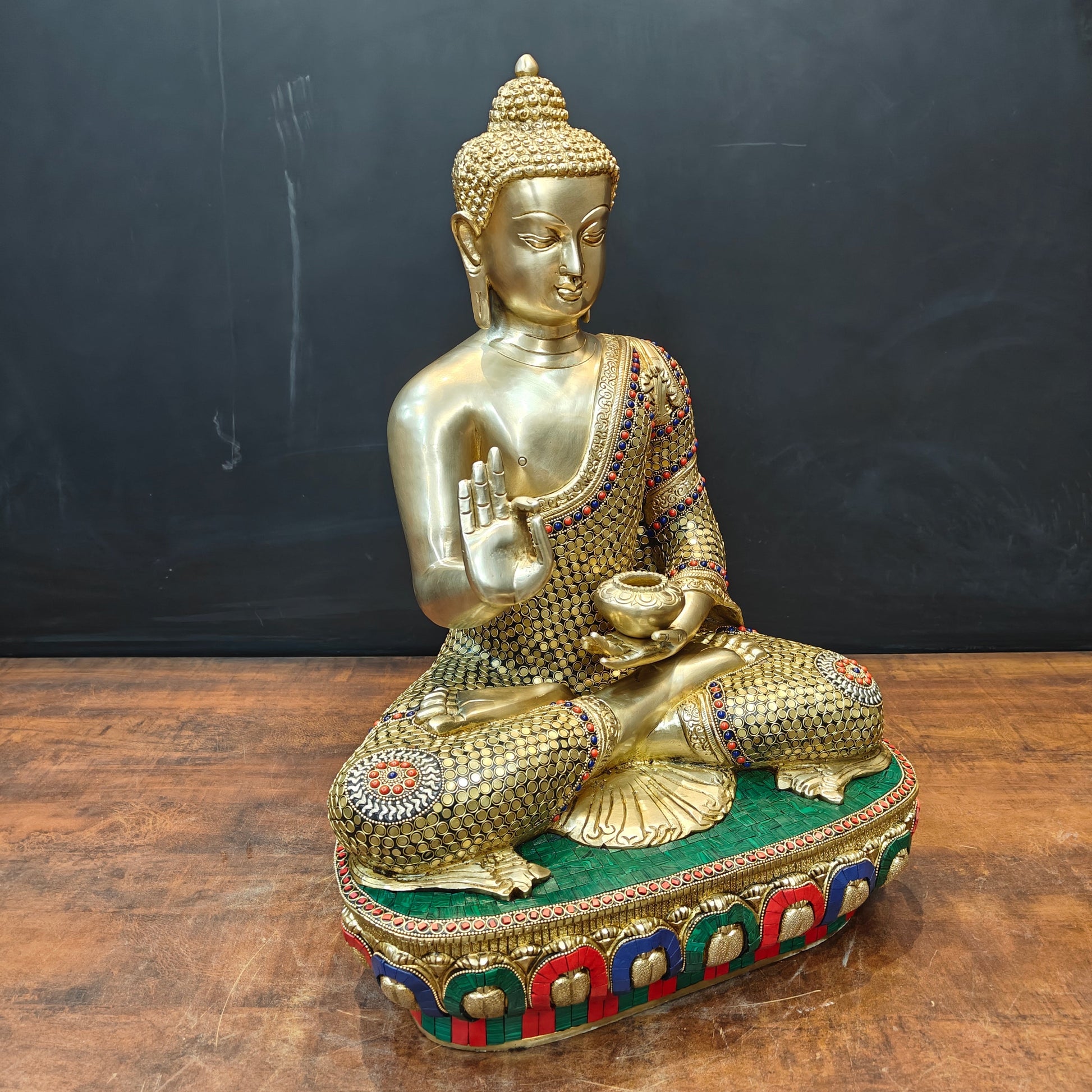 Brass Blessing Buddha Statue With Stone Work 2 Feet - Image 4