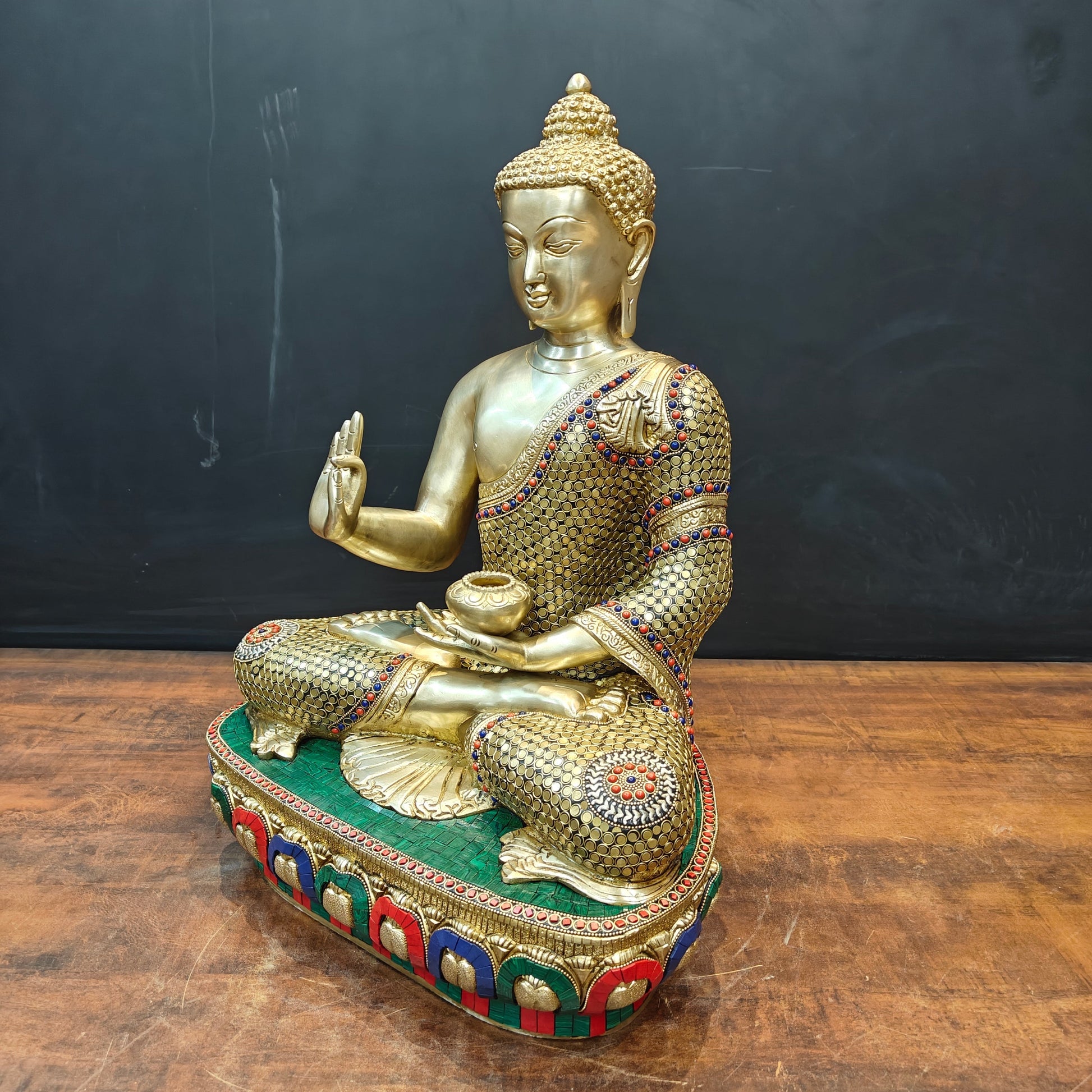 Brass Blessing Buddha Statue With Stone Work 2 Feet - Image 5