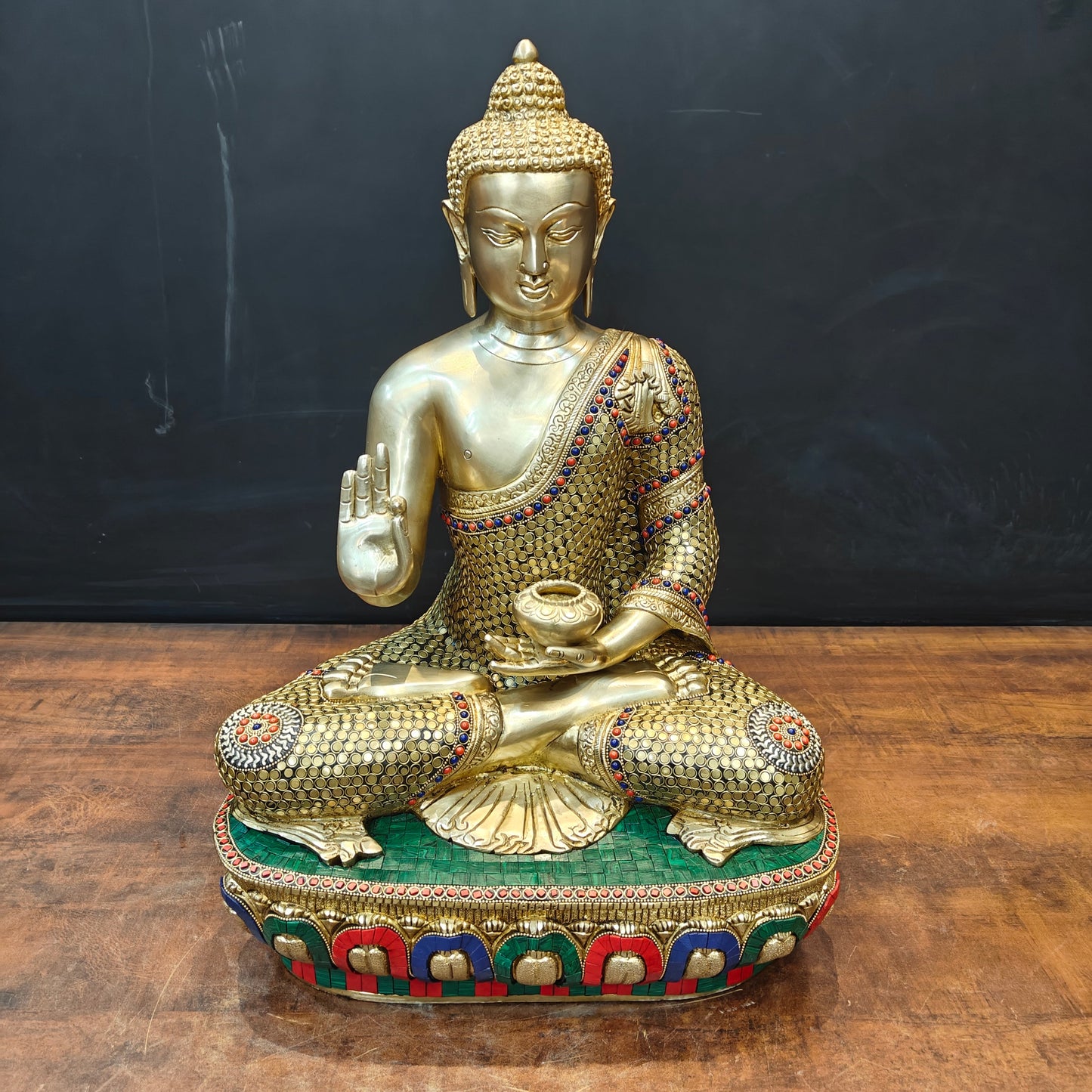 Brass Blessing Buddha Statue With Stone Work 2 Feet