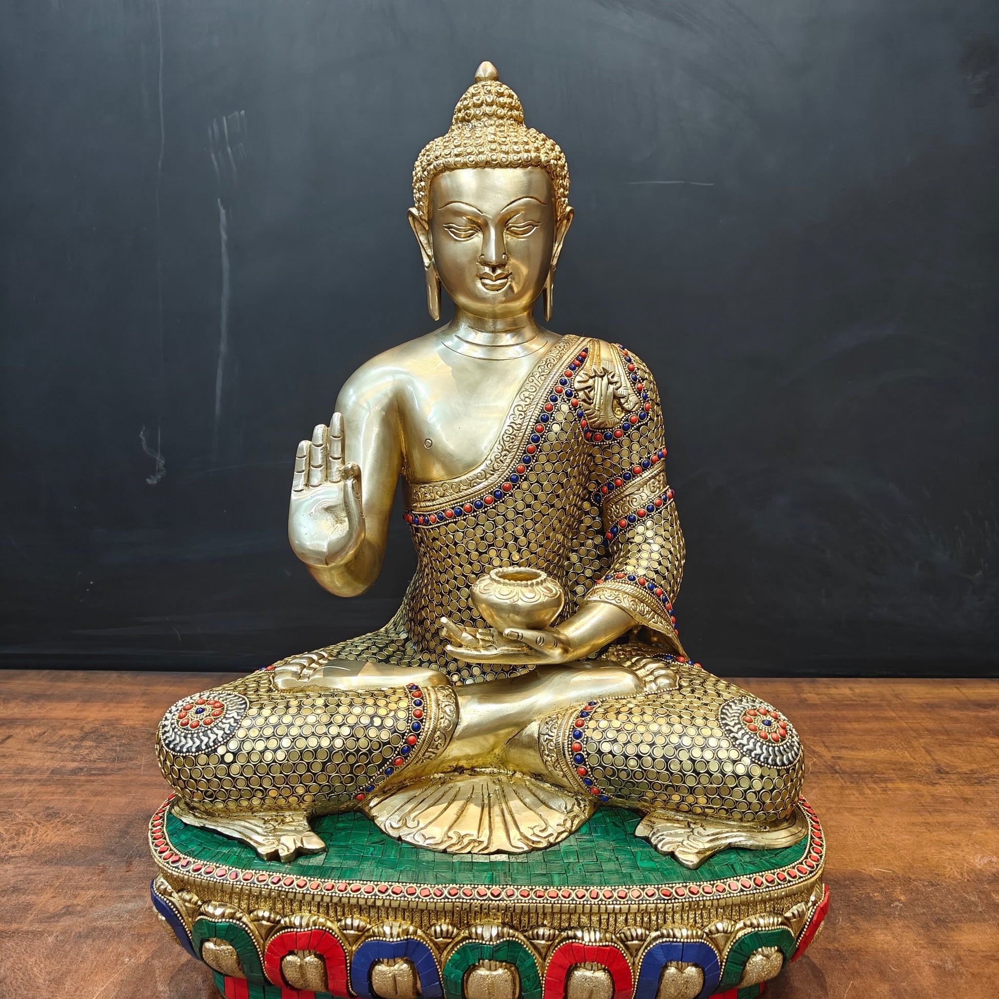 Brass Blessing Buddha Statue With Stone Work 2 Feet - Image 7
