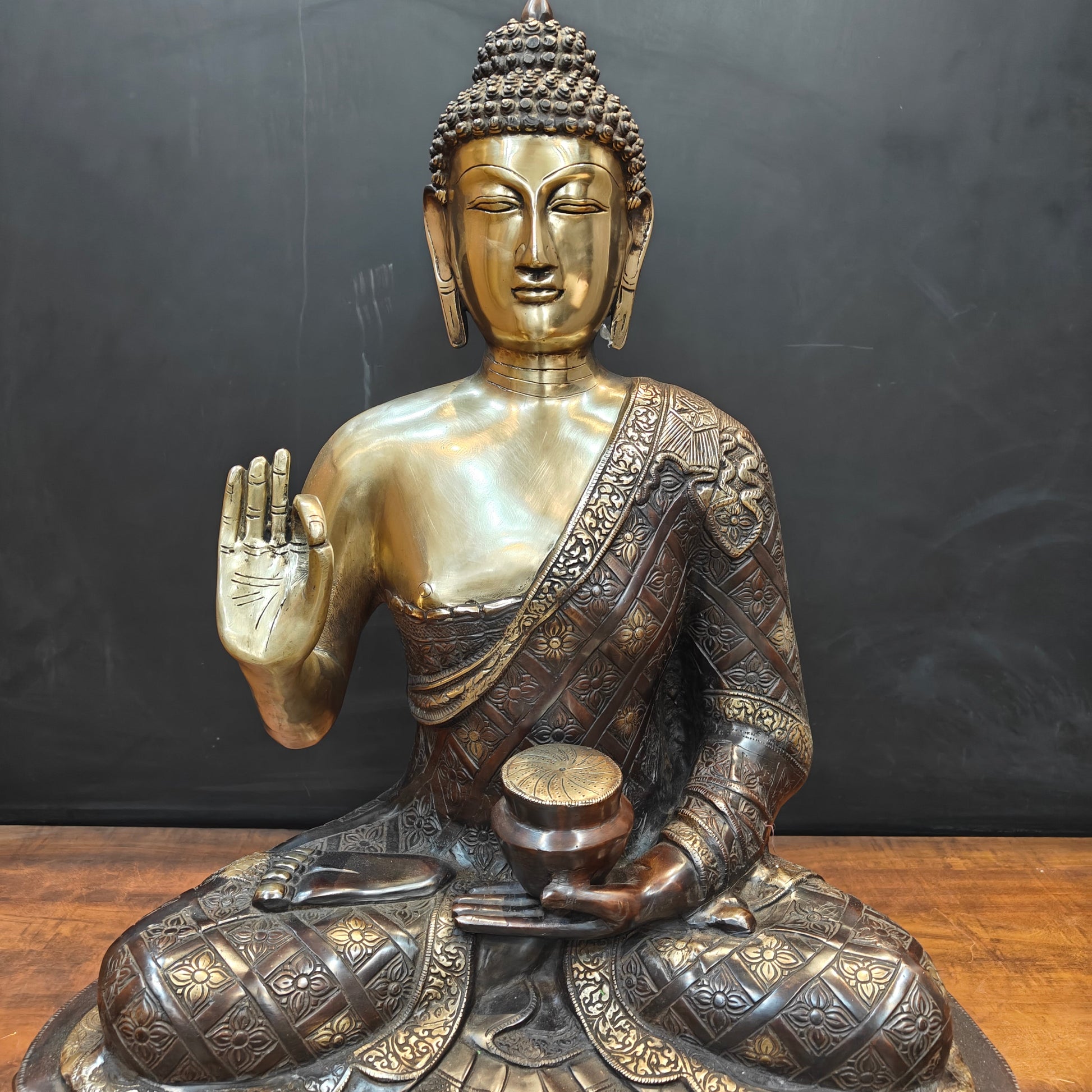 Brass Large Blessing Buddha Statue Antique Finish 2.5 Feet - Image 4