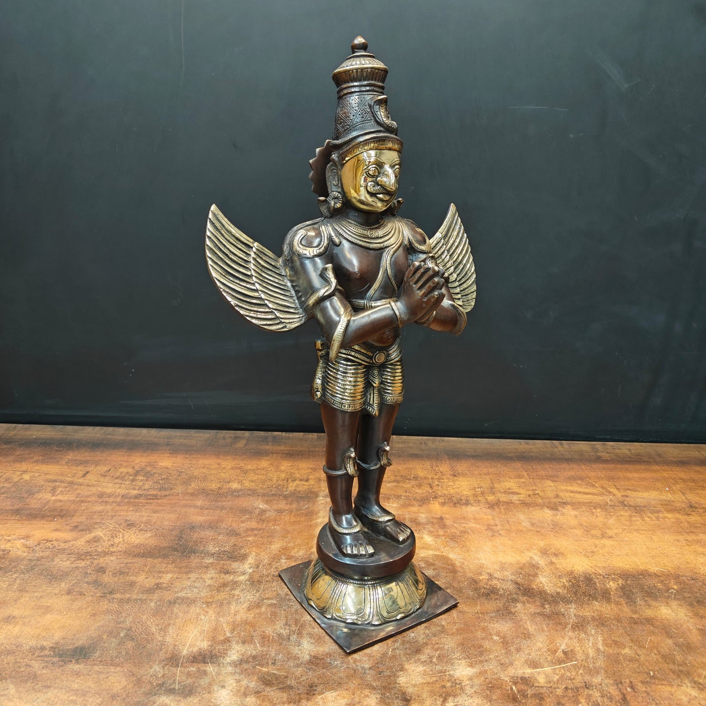 Brass Standing Garuda Statue Antique Finish Vishnu Vahana 23 Inch