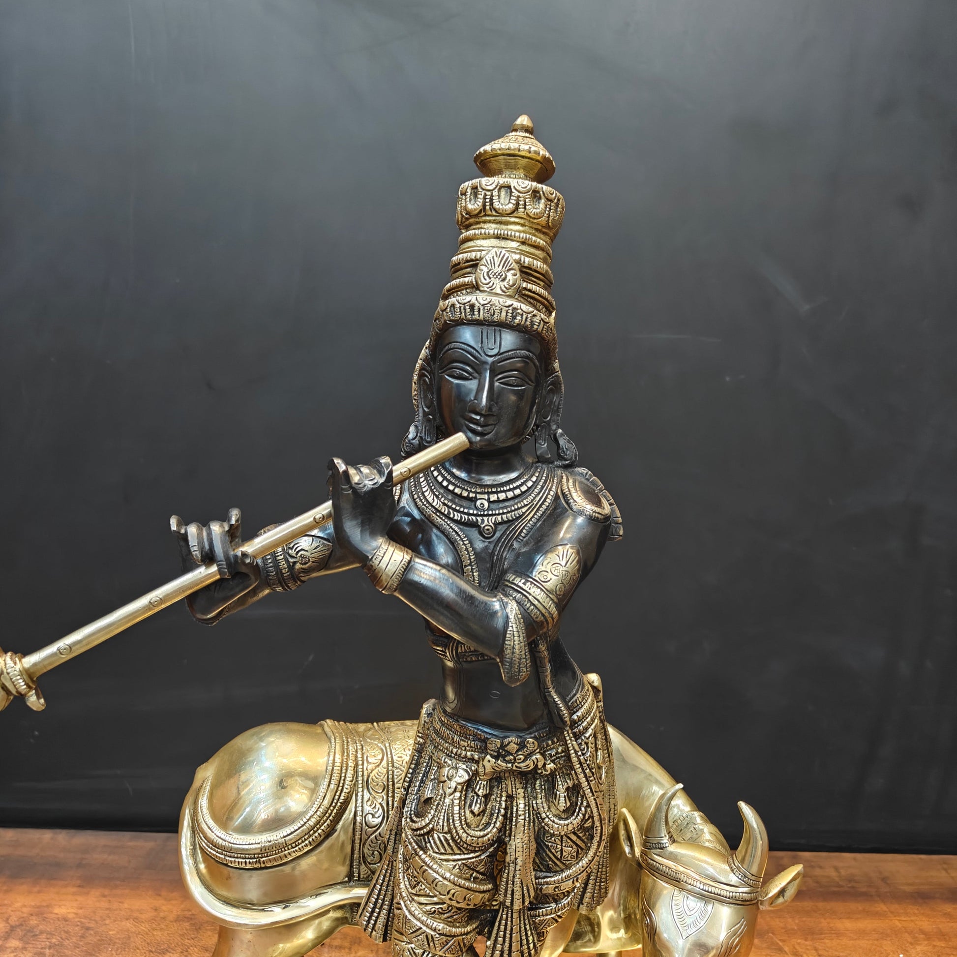 Brass Krishna Idol With Cow Black Gold Finish 26 Inch - Image 2