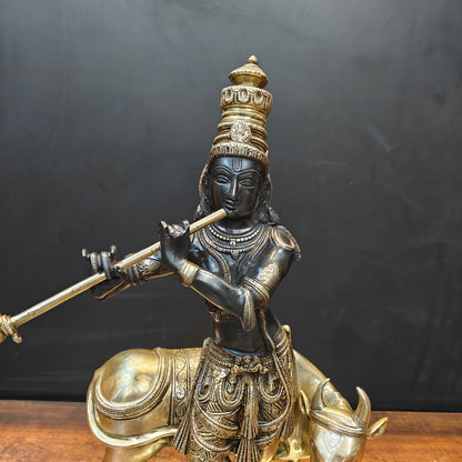 Brass Krishna Idol With Cow Black Gold Finish 26 Inch by vendor-unknown - Hindu Gods (View 2)