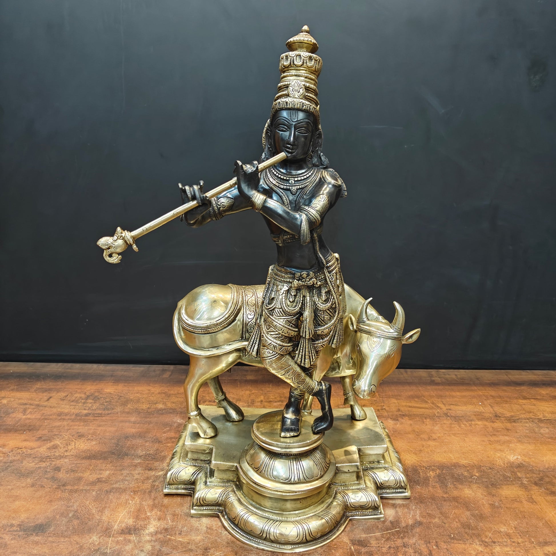 Brass Krishna Idol With Cow Black Gold Finish 26 Inch - Image 3