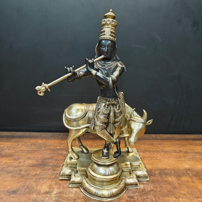 Brass Krishna Idol With Cow Black Gold Finish 26 Inch by vendor-unknown - Hindu Gods (View 3)