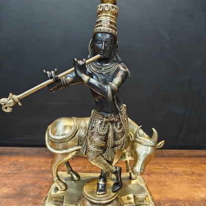 Brass Krishna Idol With Cow Black Gold Finish 26 Inch by vendor-unknown - Hindu Gods (View 4)
