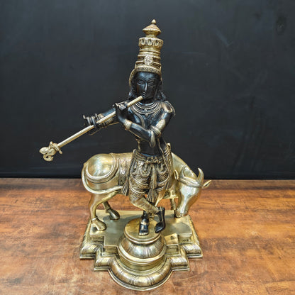 Brass Krishna Idol With Cow Black Gold Finish 26 Inch by vendor-unknown - Hindu Gods (View 5)