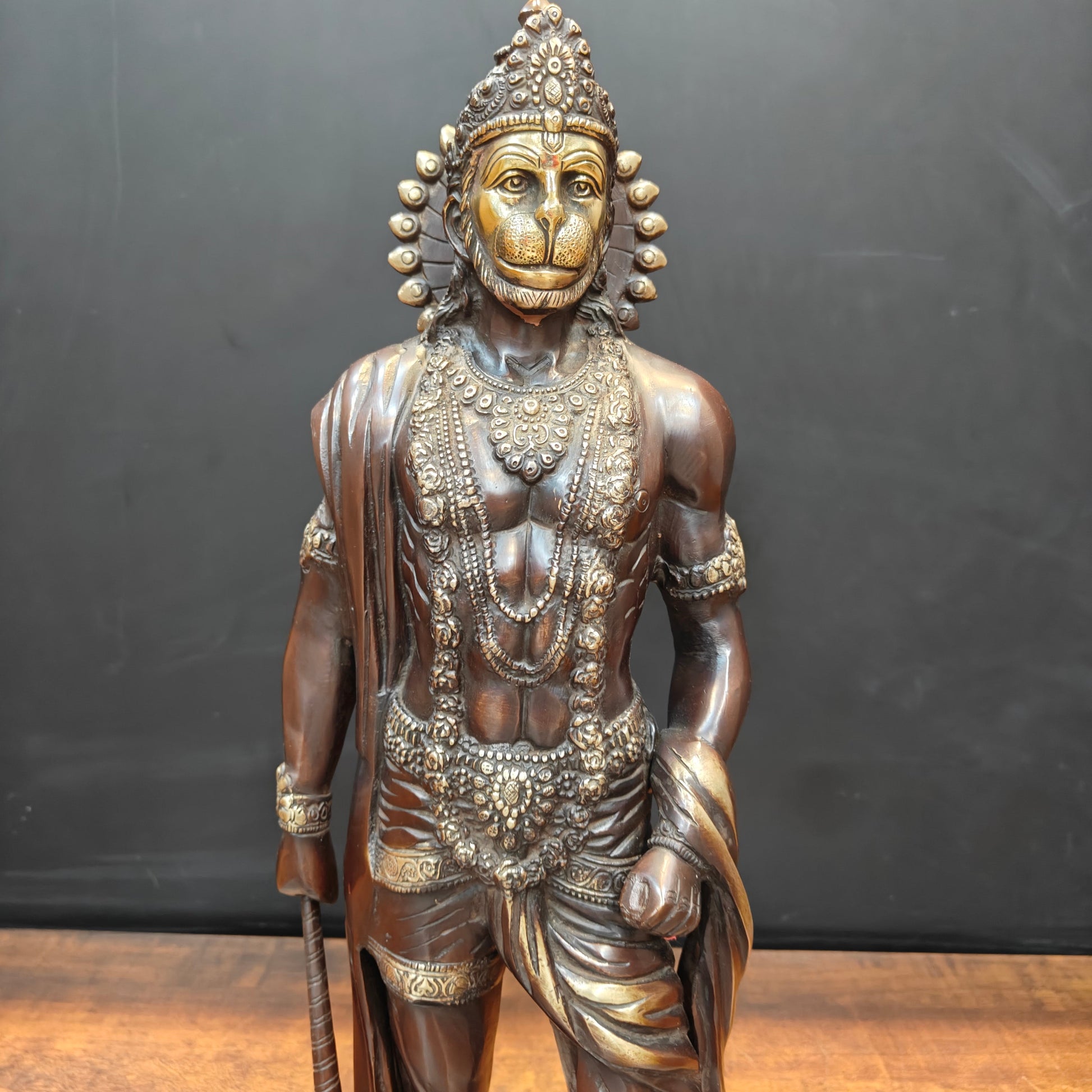 Brass Finely Crafted Standing Hanuman Idol Antique Finish 2 Feet - Image 2