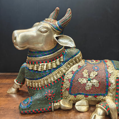 Brass Nandi Statue With Stone Work For Decor Showpiece 3 Feet by vendor-unknown - Spiritual (View 2)