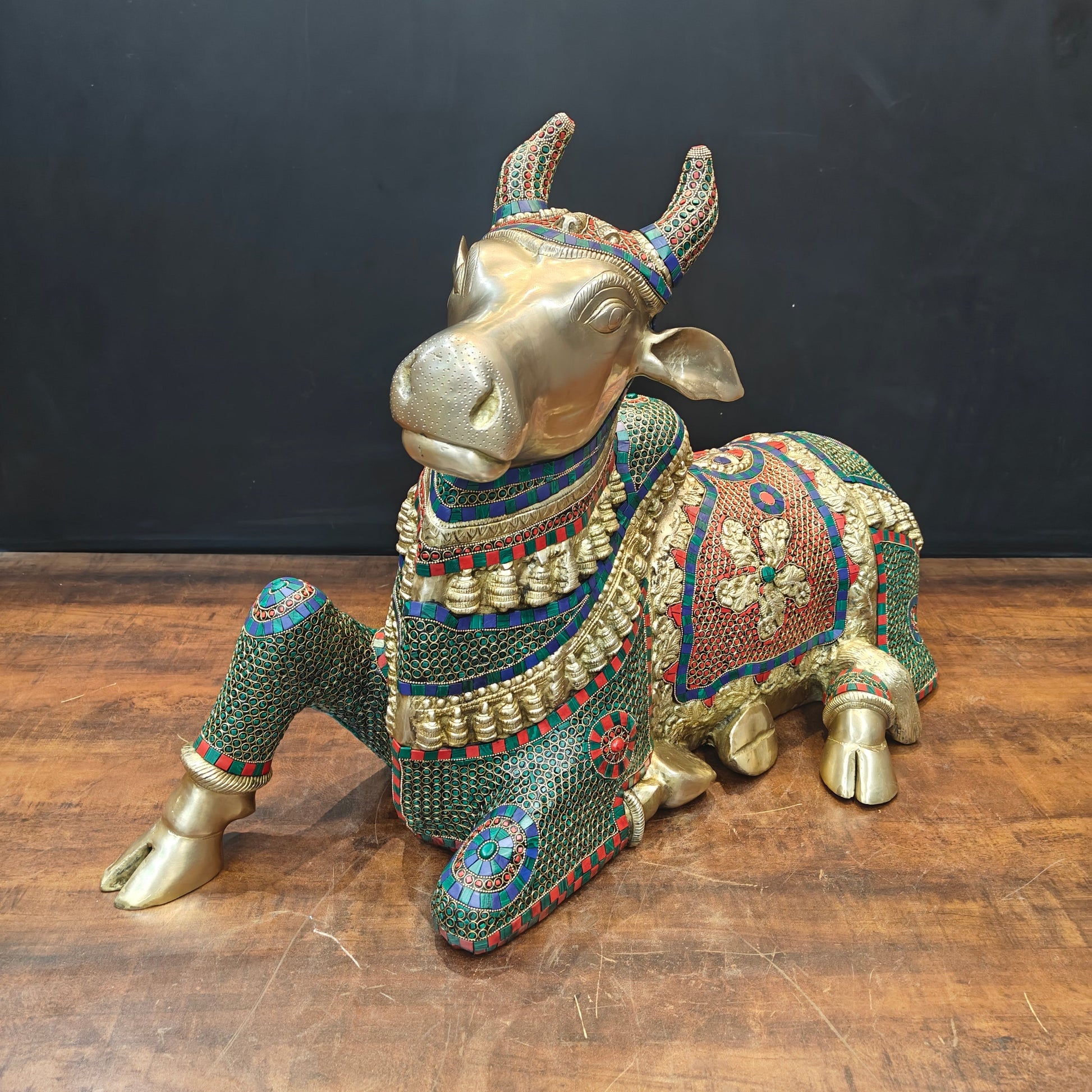 Brass Nandi Statue With Stone Work For Decor Showpiece 3 Feet - Image 3