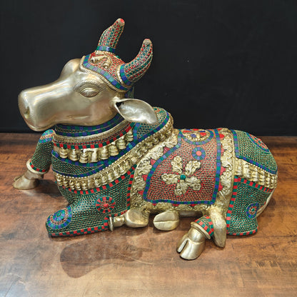 Brass Nandi Statue With Stone Work For Decor Showpiece 3 Feet by vendor-unknown - Spiritual (View 4)