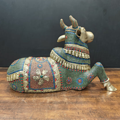 Brass Nandi Statue With Stone Work For Decor Showpiece 3 Feet by vendor-unknown - Spiritual (View 6)