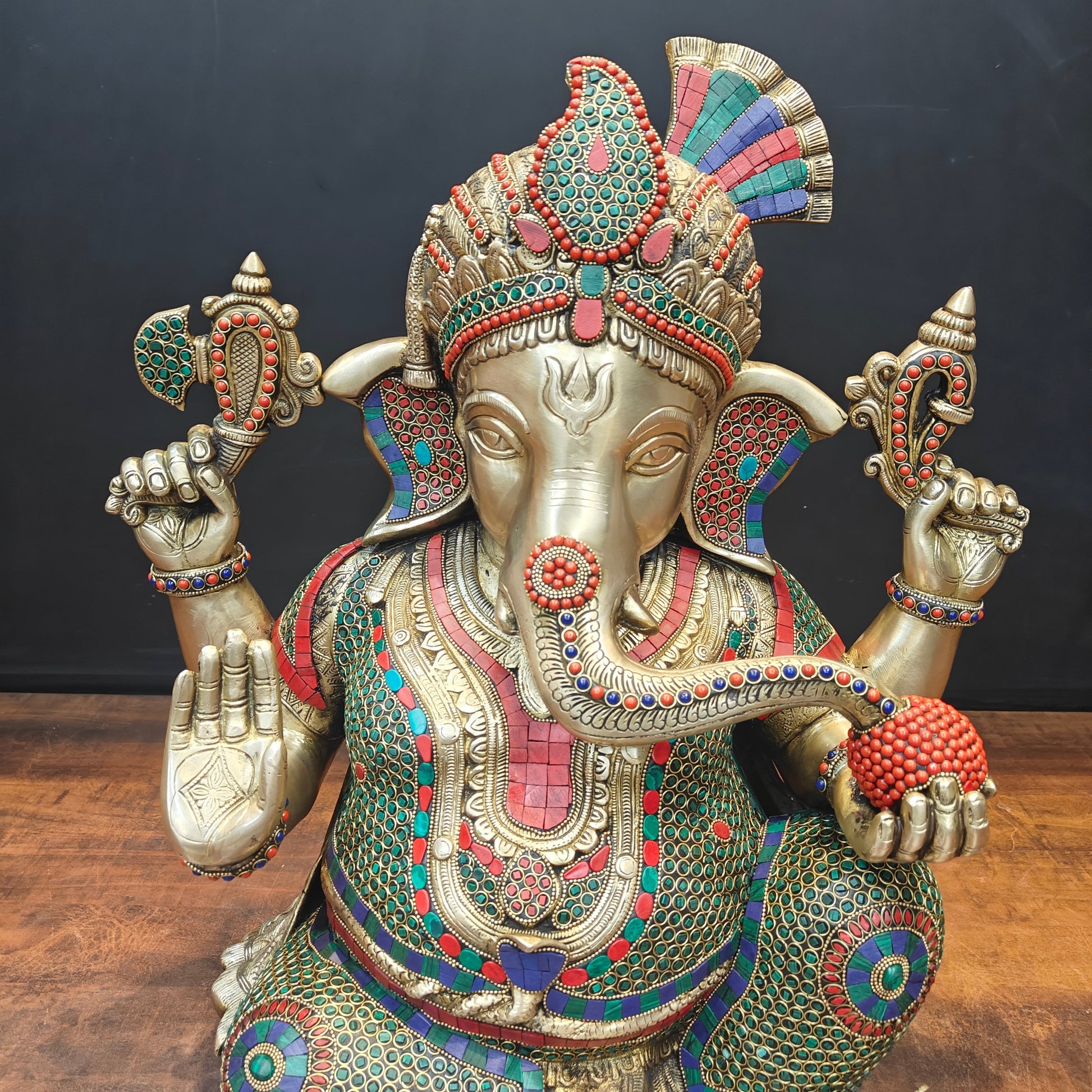 Brass Ganesha Statue Wearing a Turban With Stone Work 21 Inch - Image 2
