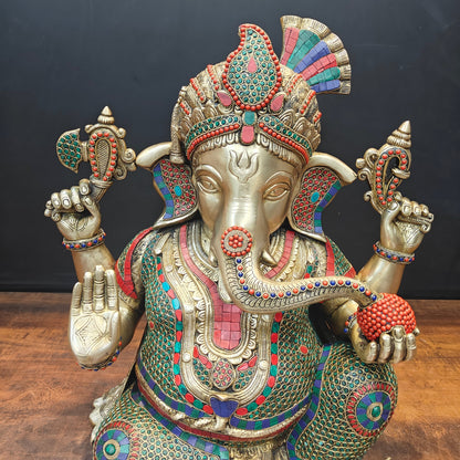 Brass Ganesha Statue Wearing a Turban With Stone Work 21 Inch by vendor-unknown - Hindu Gods (View 2)