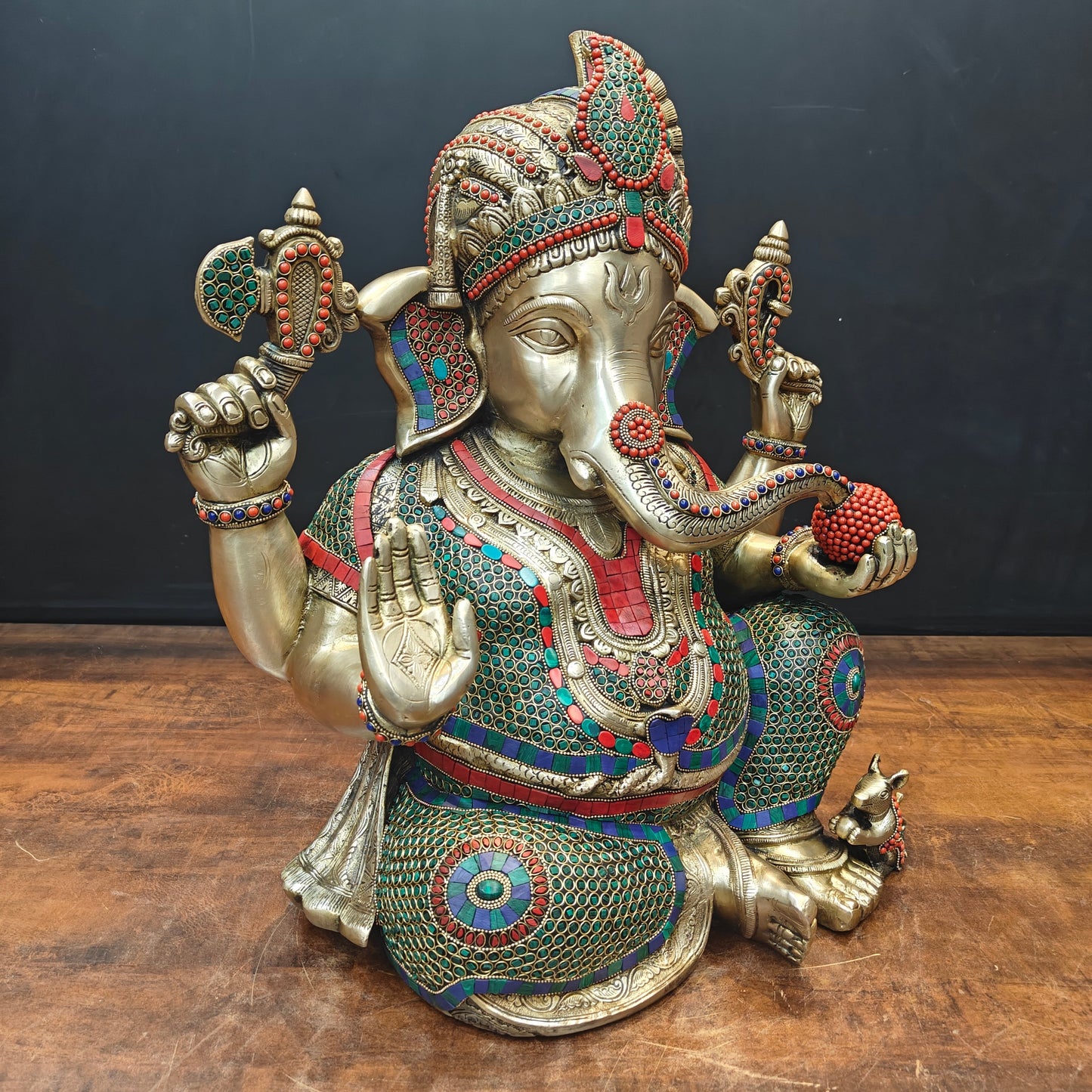 Brass Ganesha Statue Wearing a Turban With Stone Work 21 Inch
