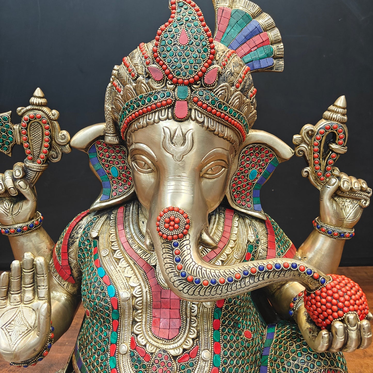 Brass Ganesha Statue Wearing a Turban With Stone Work 21 Inch