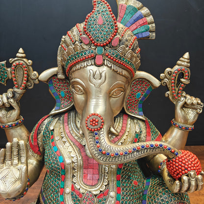 Brass Ganesha Statue Wearing a Turban With Stone Work 21 Inch by vendor-unknown - Hindu Gods (View 4)
