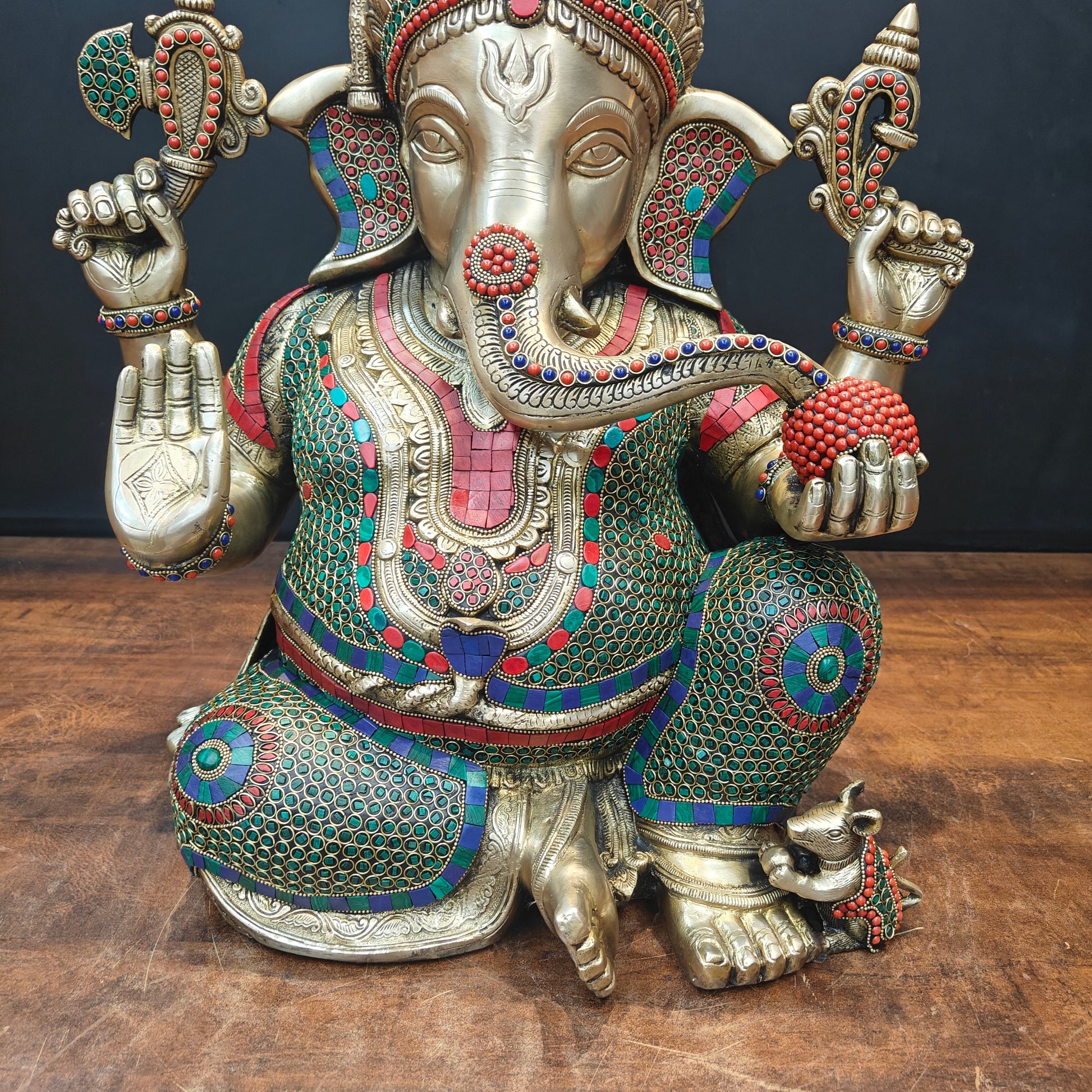 Brass Ganesha Statue Wearing a Turban With Stone Work 21 Inch - Image 5