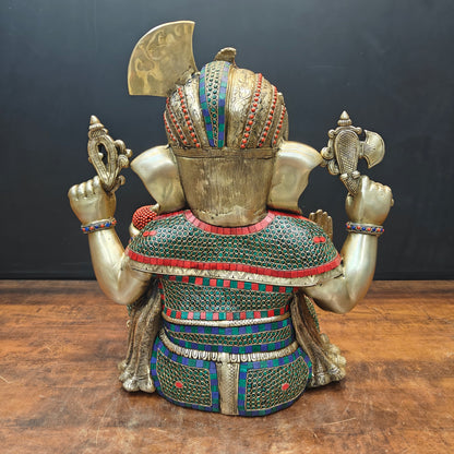 Brass Ganesha Statue Wearing a Turban With Stone Work 21 Inch by vendor-unknown - Hindu Gods (View 6)