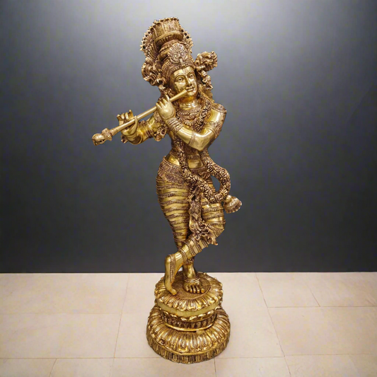Brass Finely Crafted Standing Krishna Idol Sculpture 4 Feet