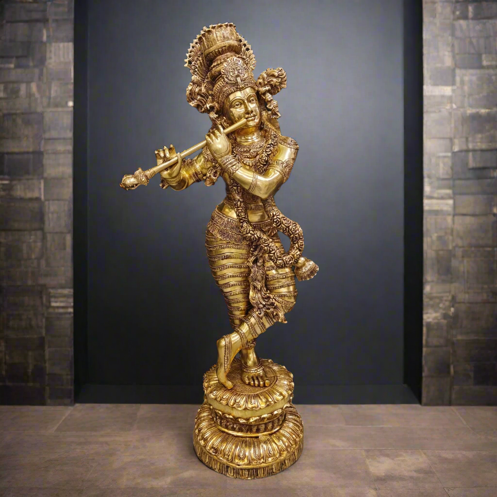 Brass Finely Crafted Standing Krishna Idol Sculpture 4 Feet - Image 4