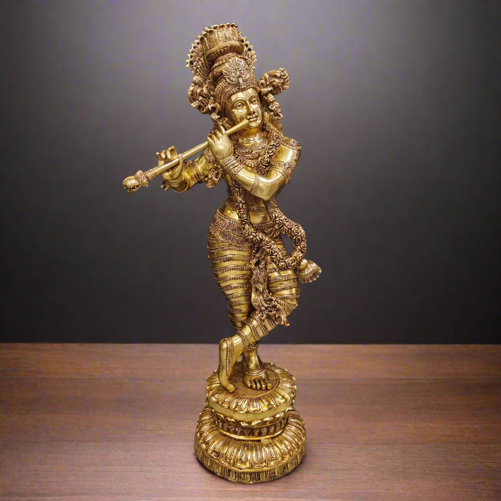 Brass Finely Crafted Standing Krishna Idol Sculpture 4 Feet - Image 5