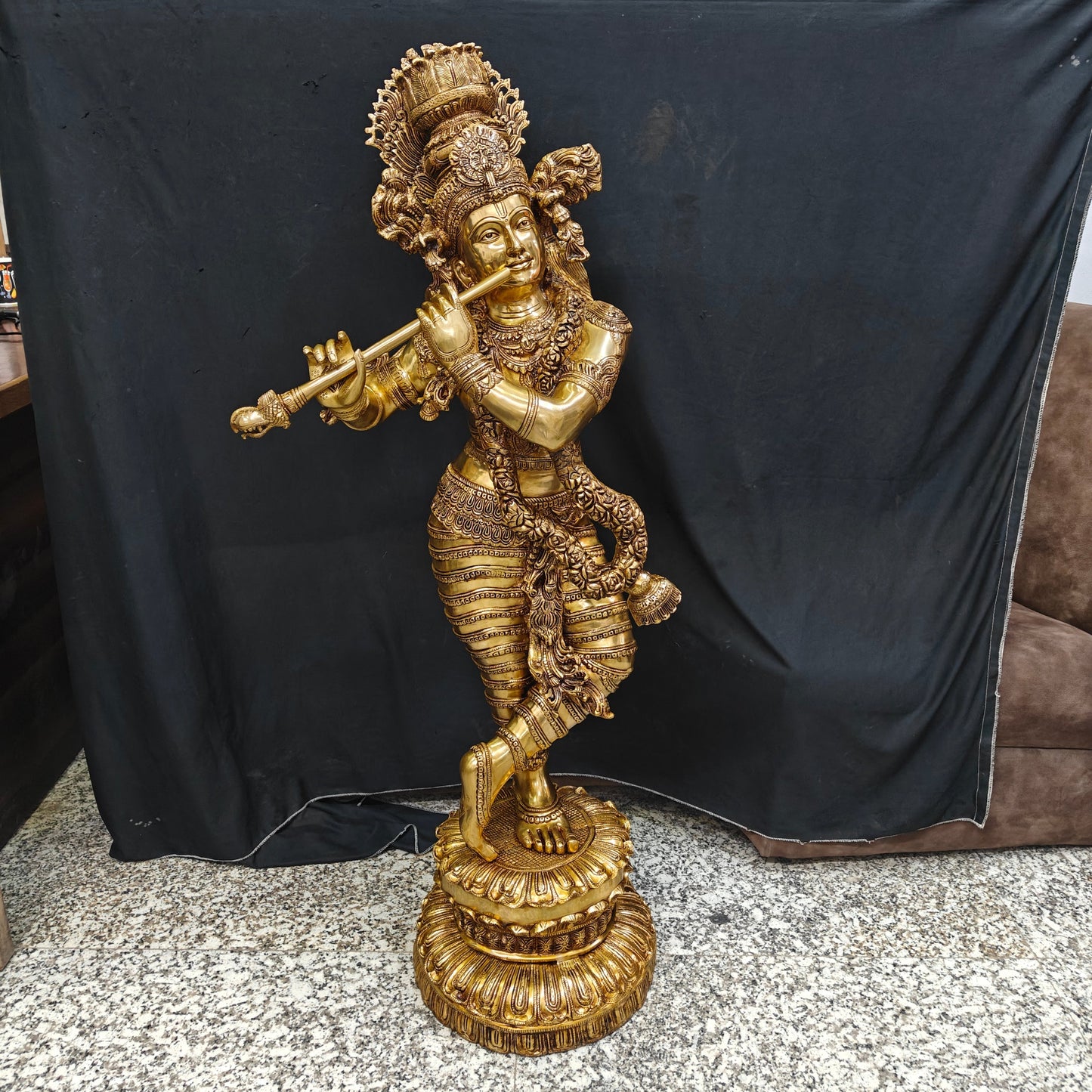 Brass Finely Crafted Standing Krishna Idol Sculpture 4 Feet