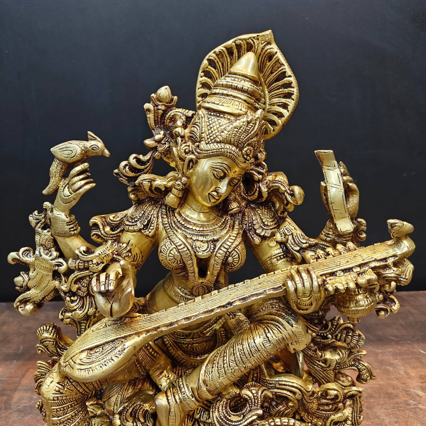 Brass Goddess Saraswati Idol Divine Sculpture Golden Finish 16 Inch