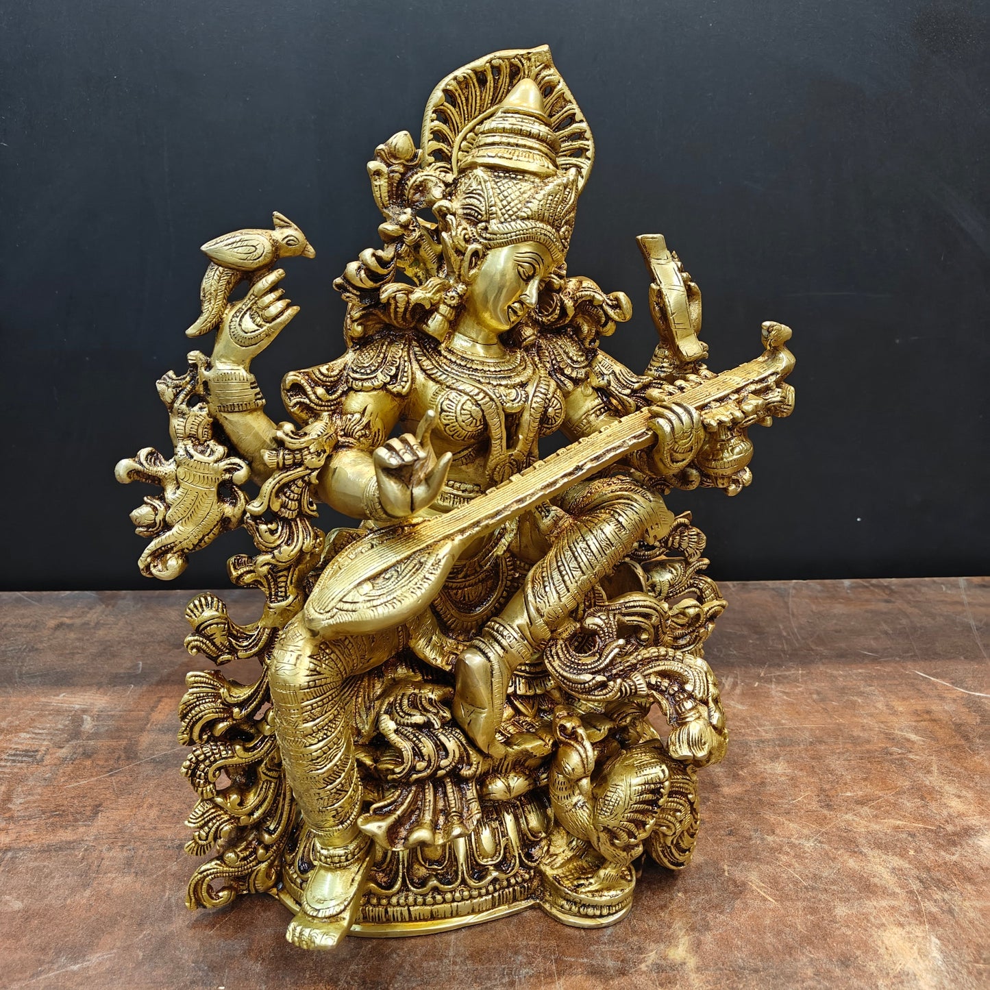 Brass Goddess Saraswati Idol Divine Sculpture Golden Finish 16 Inch