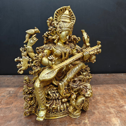 Brass Goddess Saraswati Idol Divine Sculpture Golden Finish 16 Inch by vendor-unknown - Hindu Gods (View 3)