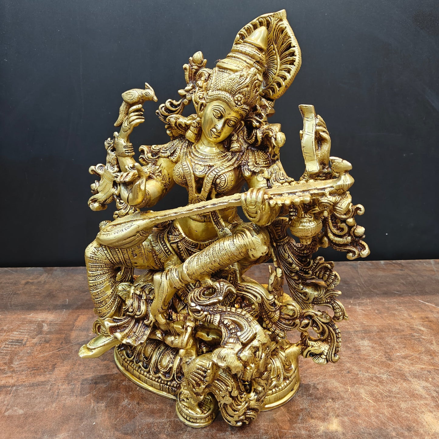 Brass Goddess Saraswati Idol Divine Sculpture Golden Finish 16 Inch