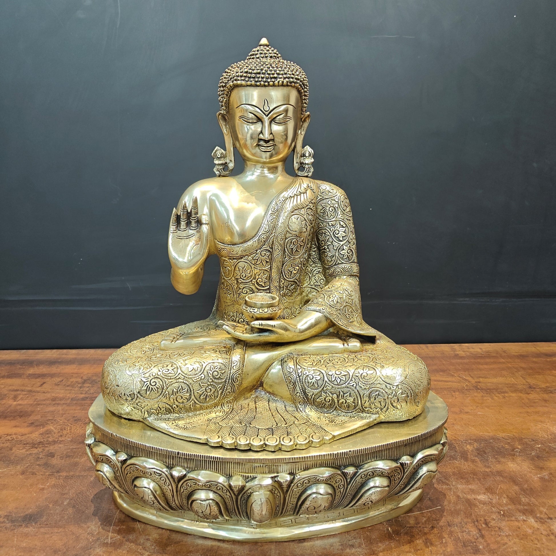 Brass Blessing Buddha Statue With Flower Carving 2 Feet - Image 3
