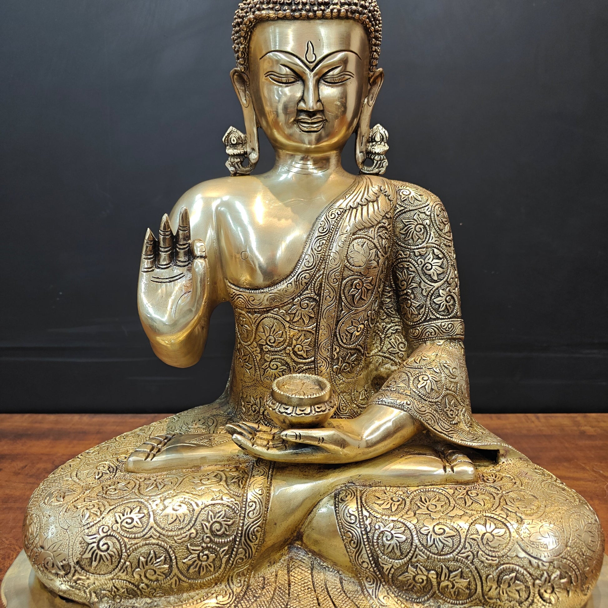 Brass Blessing Buddha Statue With Flower Carving 2 Feet - Image 4
