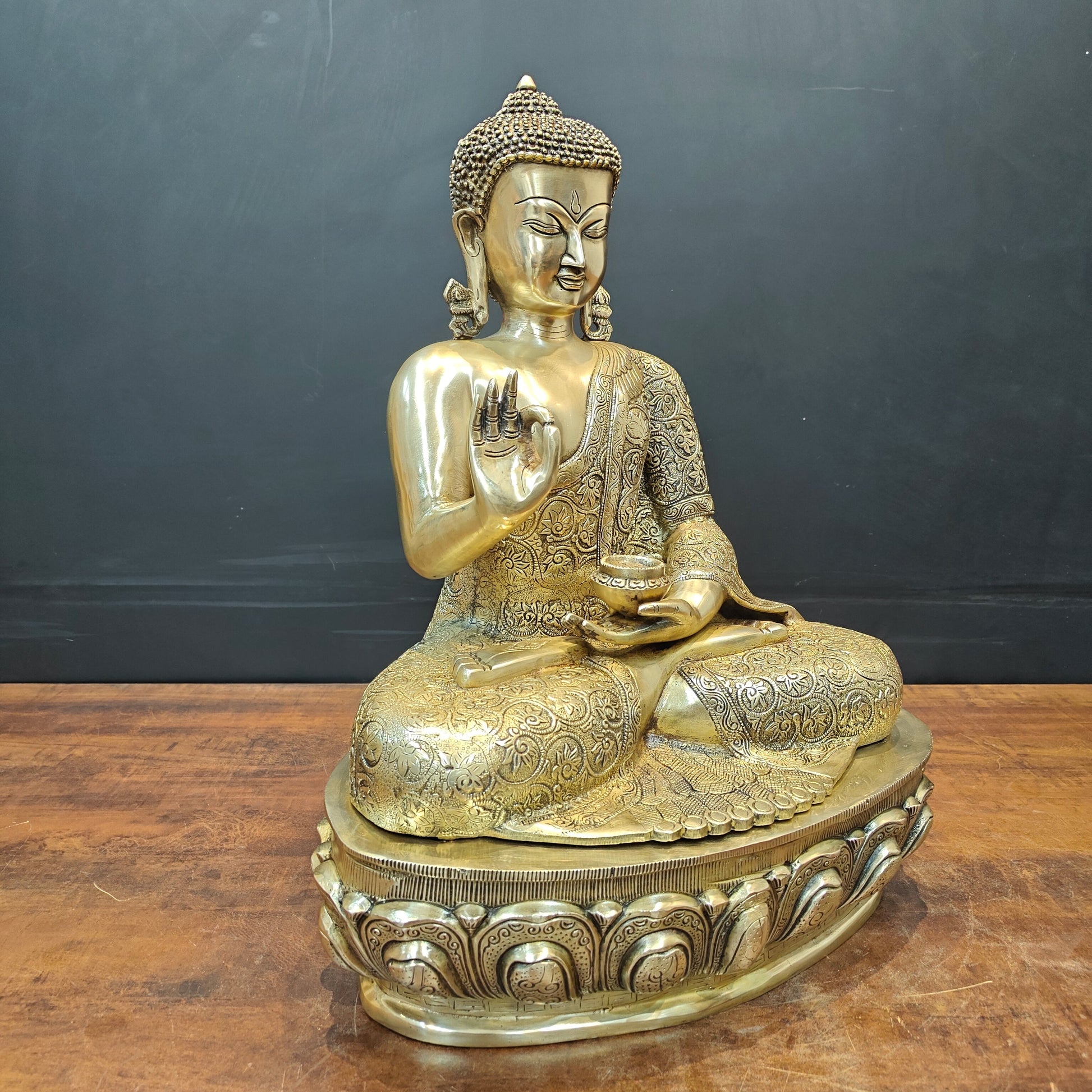 Brass Blessing Buddha Statue With Flower Carving 2 Feet - Image 5