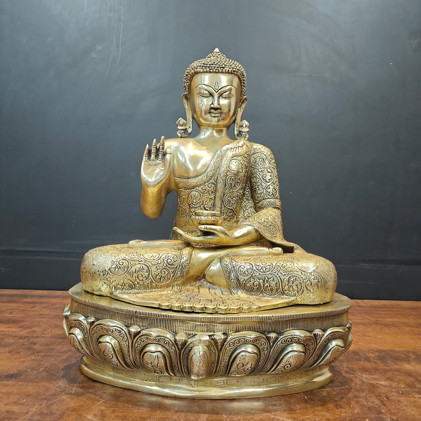 Brass Blessing Buddha Statue With Flower Carving 2 Feet