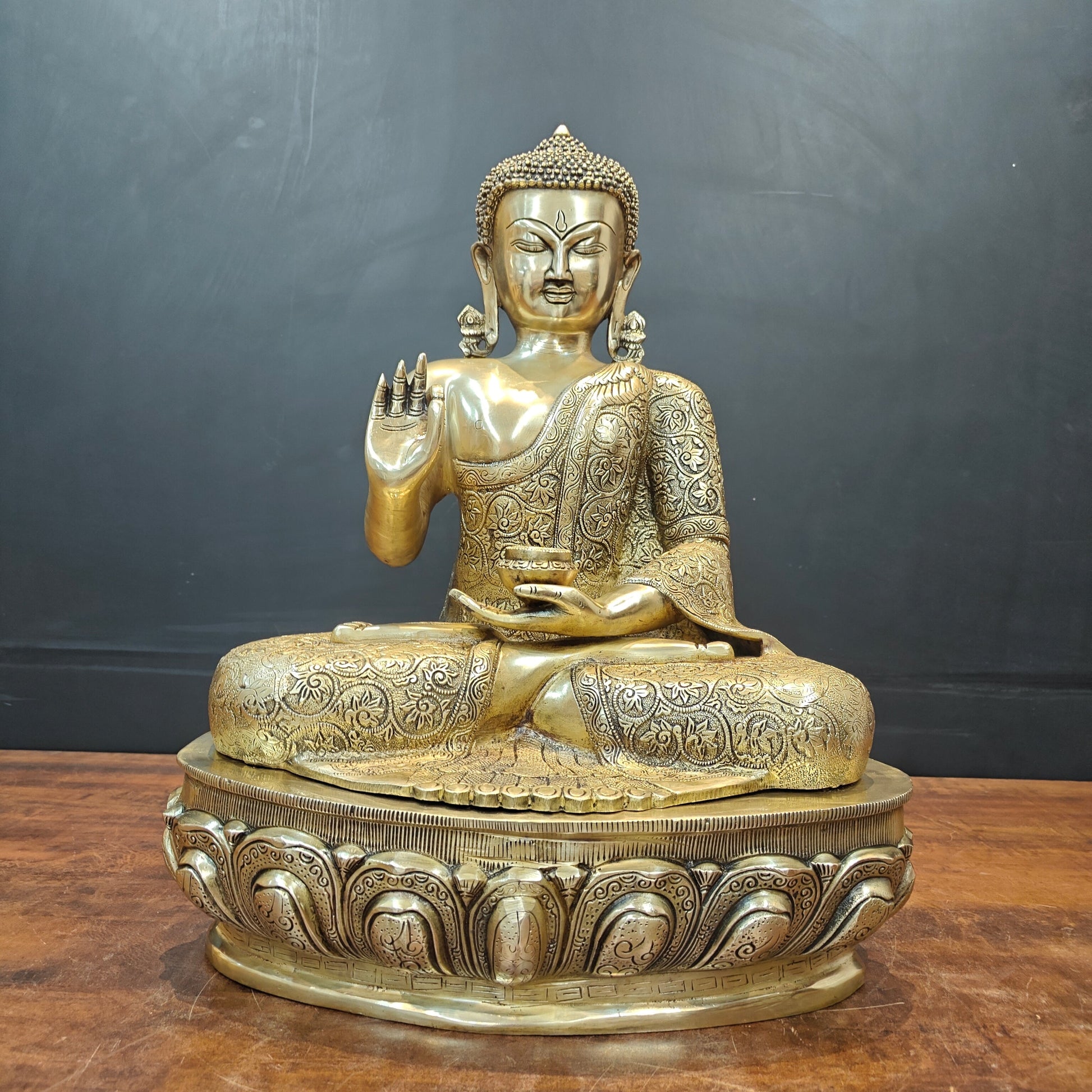 Brass Blessing Buddha Statue With Flower Carving 2 Feet - Image 6