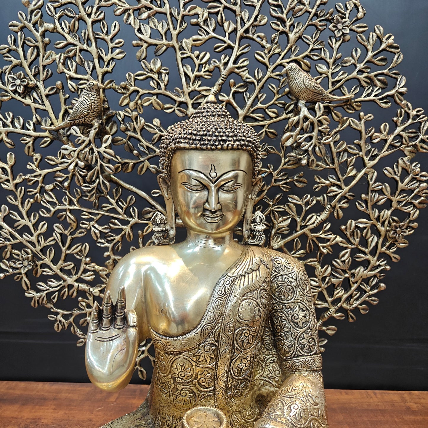 Brass Buddha Idol With Bodhi Tree Stone Work 32 Inches