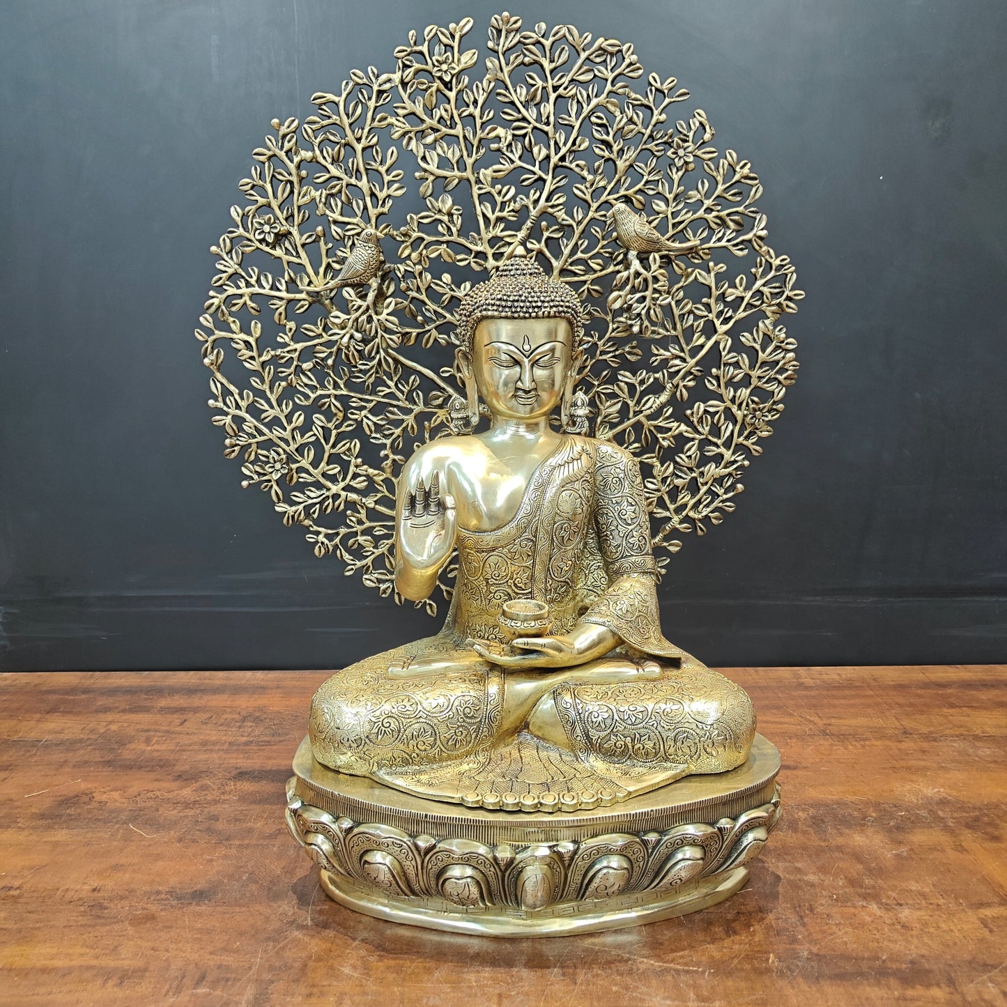 Brass Buddha Idol With Bodhi Tree Stone Work 32 Inches
