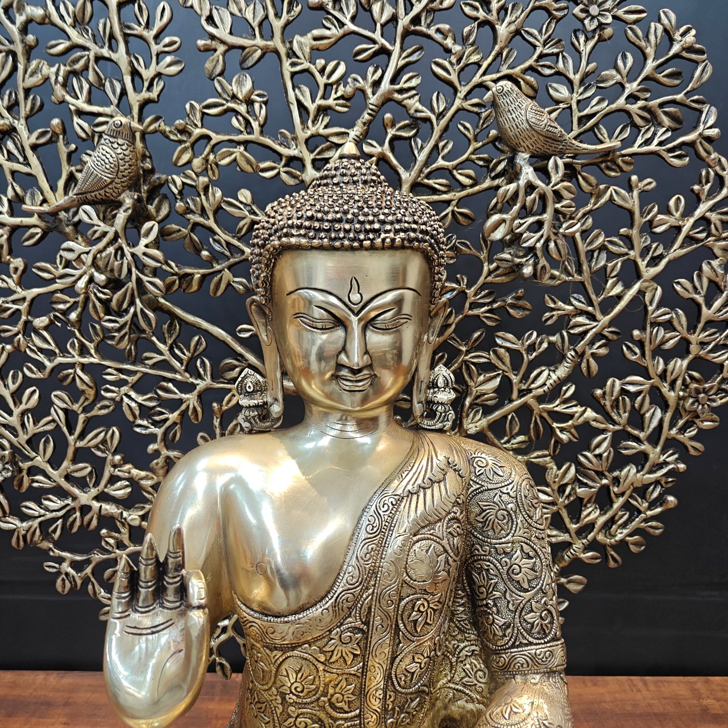 Brass Buddha Idol With Bodhi Tree Stone Work 32 Inches