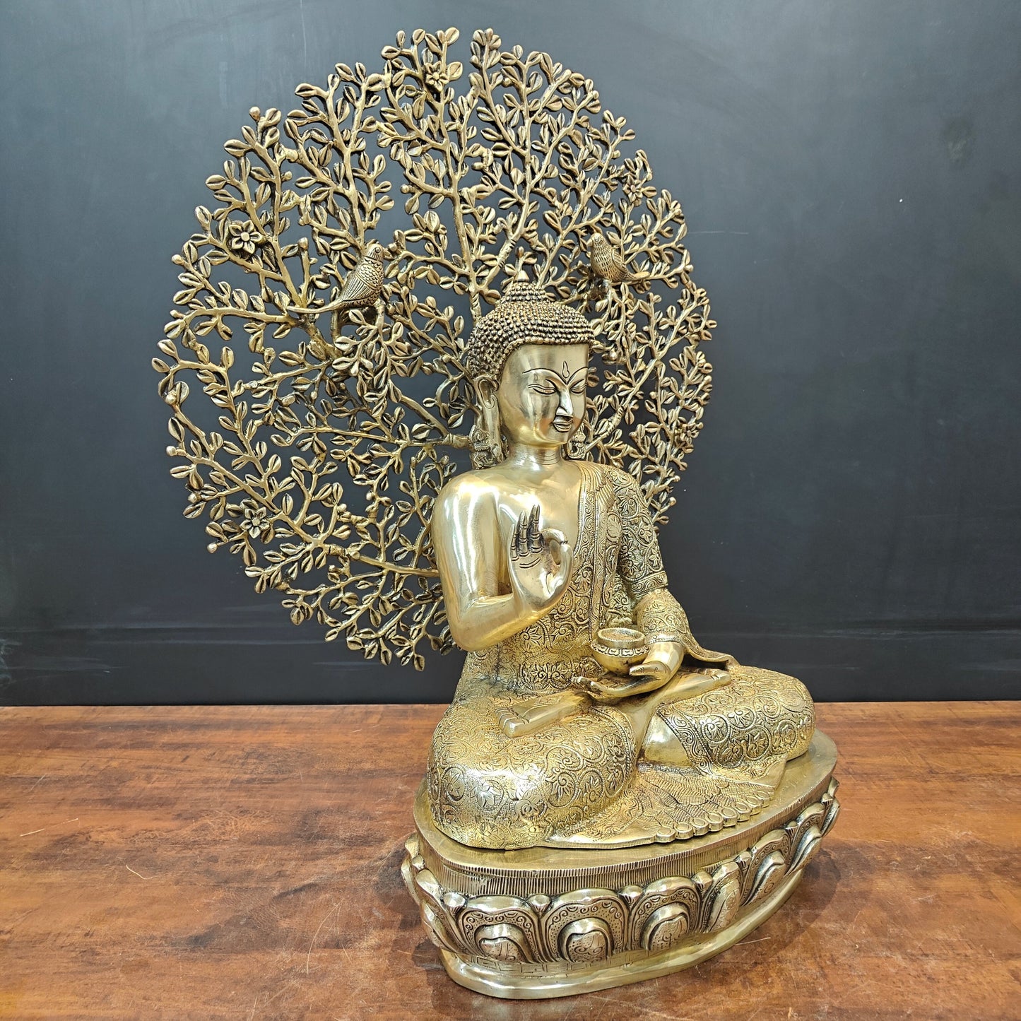 Brass Buddha Idol With Bodhi Tree Stone Work 32 Inches