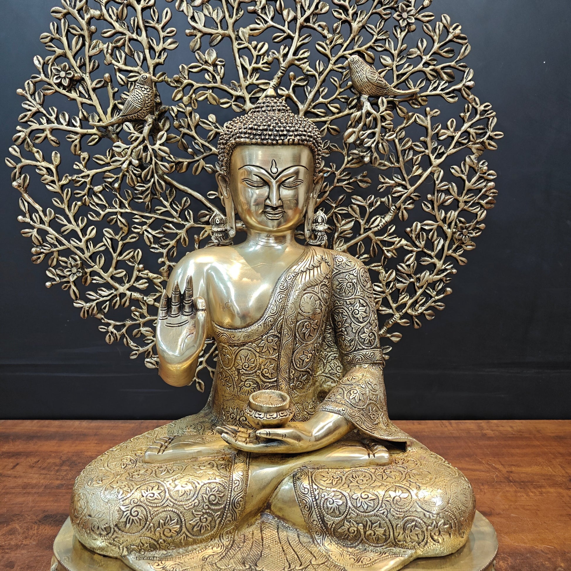 Brass Buddha Idol With Bodhi Tree Stone Work 32 Inches - Image 6