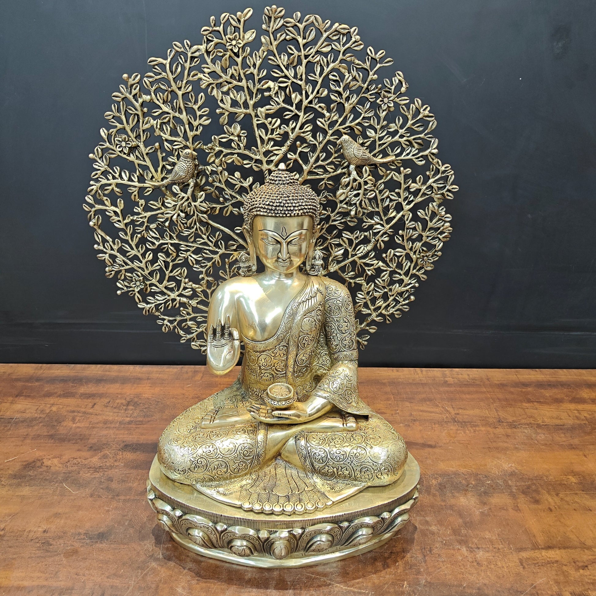 Brass Buddha Idol With Bodhi Tree Stone Work 32 Inches - Image 7
