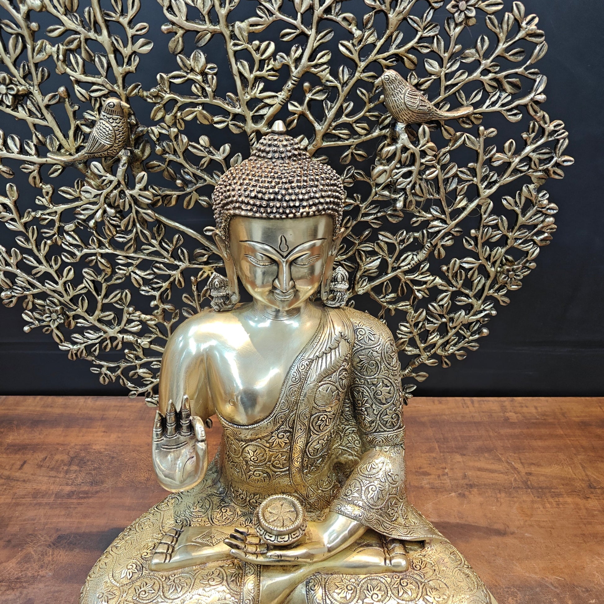 Brass Buddha Idol With Bodhi Tree Stone Work 32 Inches - Image 8