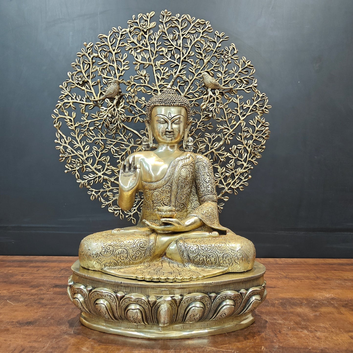 Brass Buddha Idol With Bodhi Tree Stone Work 32 Inches