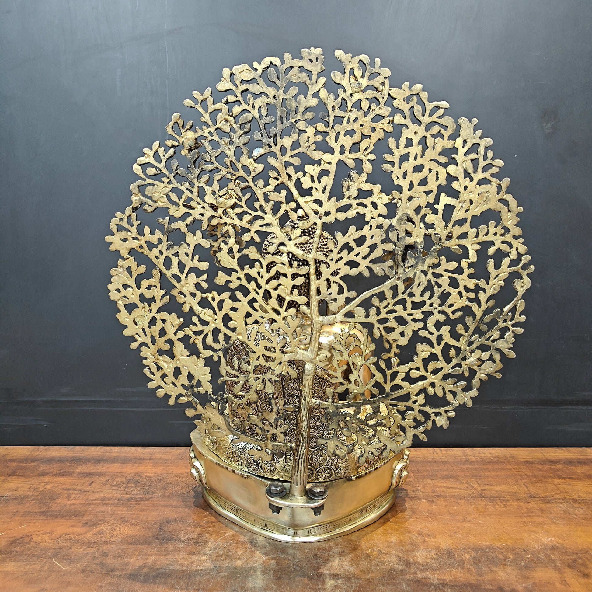 Brass Buddha Idol With Bodhi Tree Stone Work 32 Inches - Image 10
