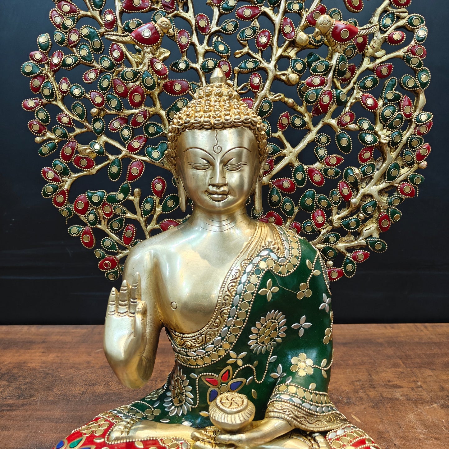Brass Buddha Statue With Bodhi Tree stone Work 22 Inch