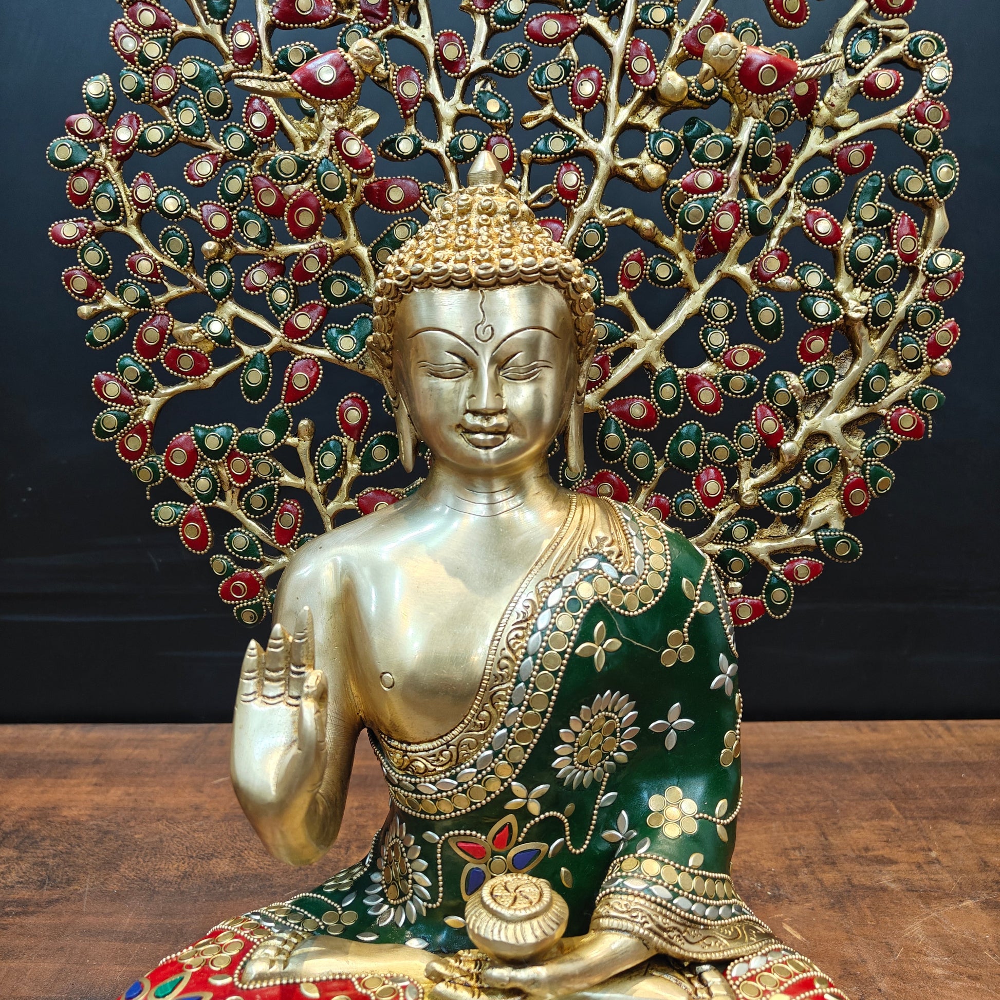 Brass Buddha Statue With Bodhi Tree stone Work 22 Inch - Image 2