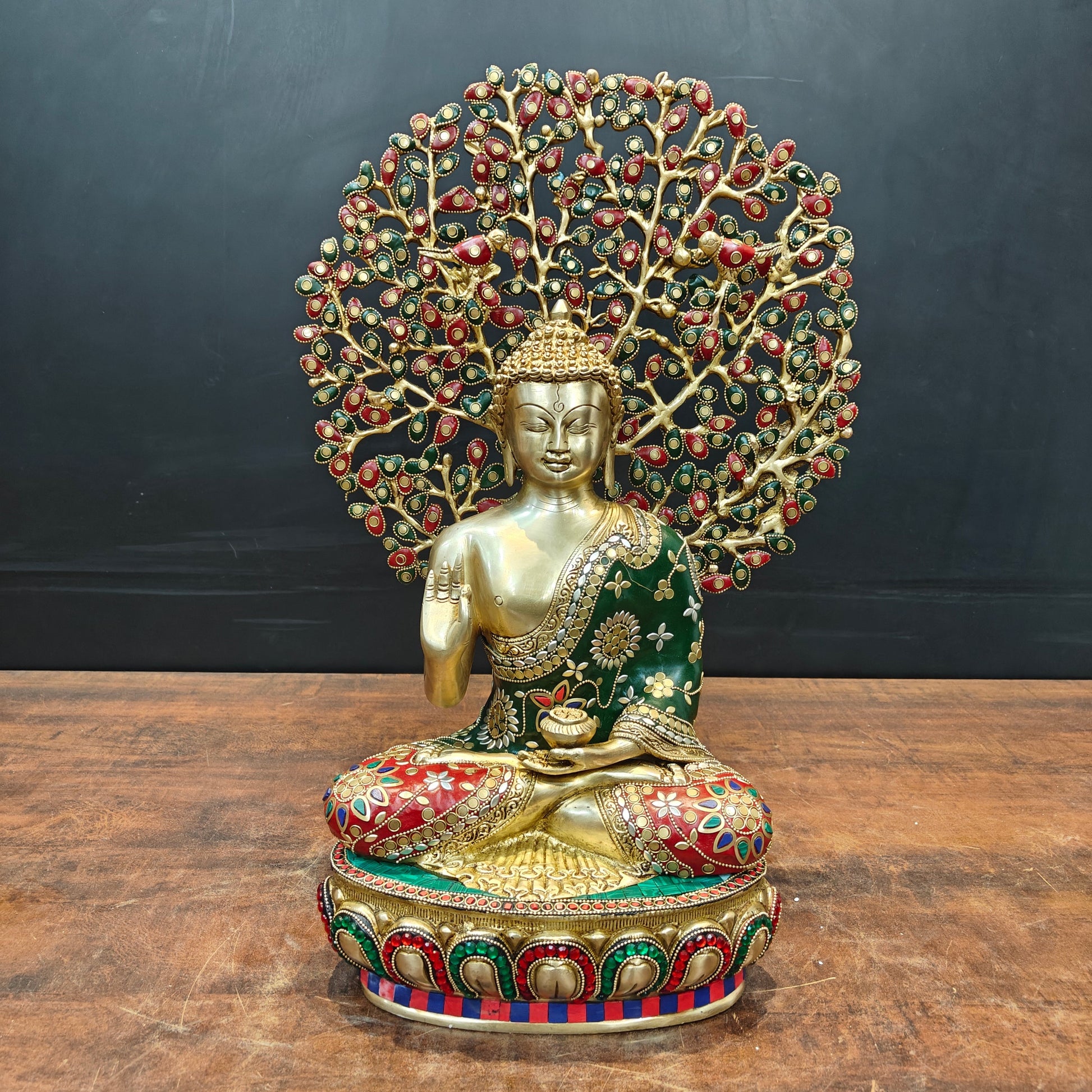 Brass Buddha Statue With Bodhi Tree stone Work 22 Inch - Image 3